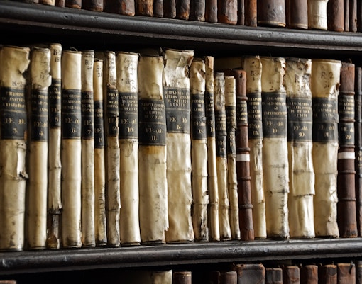 Ancient books on shelves in the Vatican Archives.