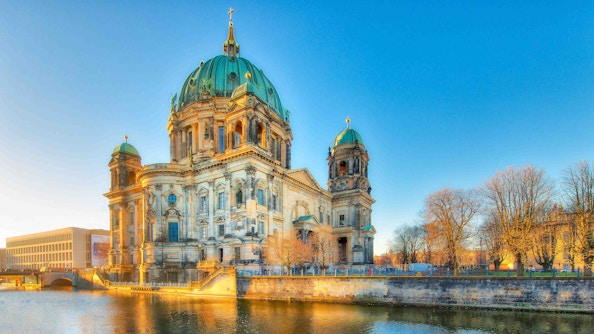 Berlin Cathedral viewed from the river during a boat tour.