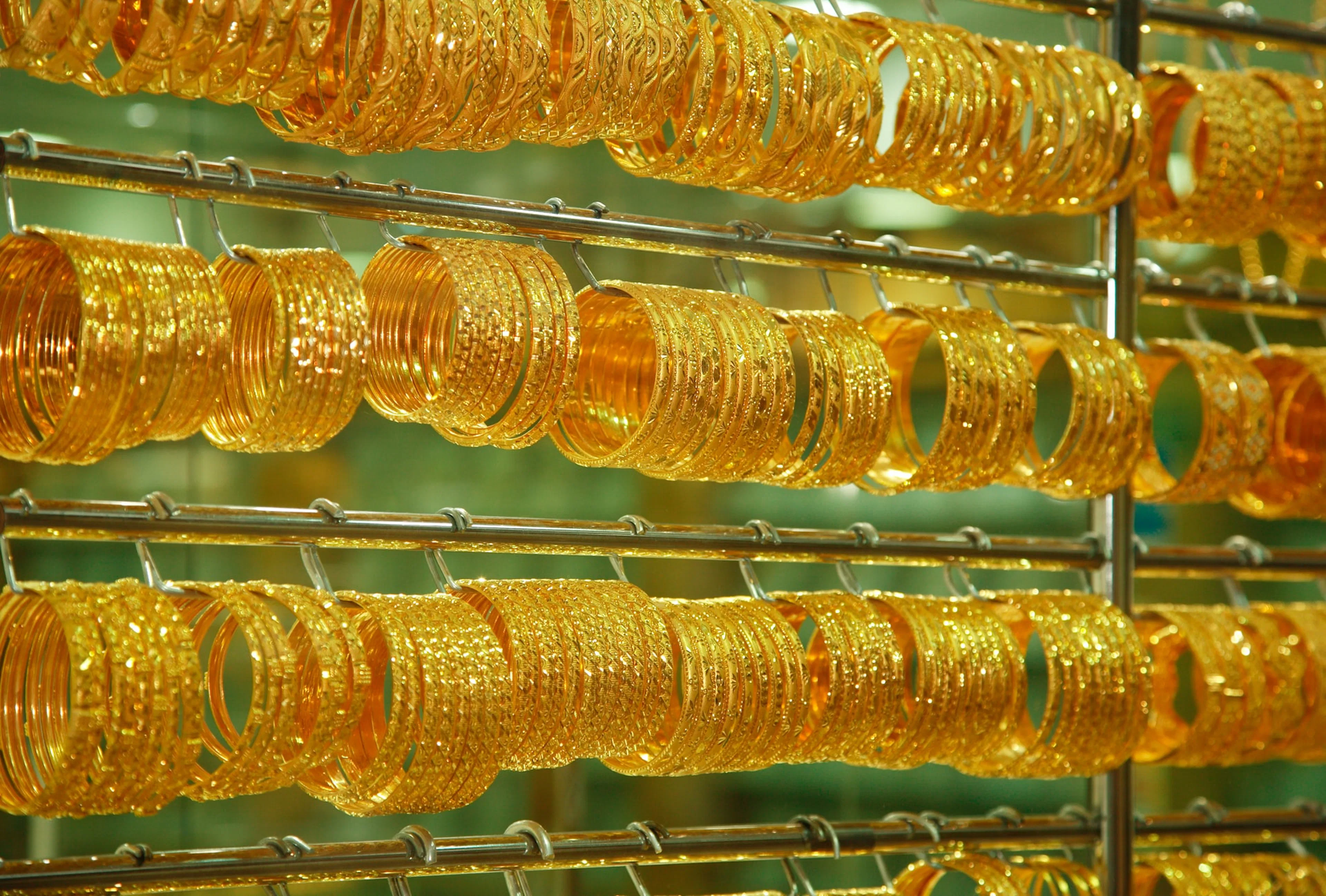 Gold bangles on display at Dubai Gold Souk.