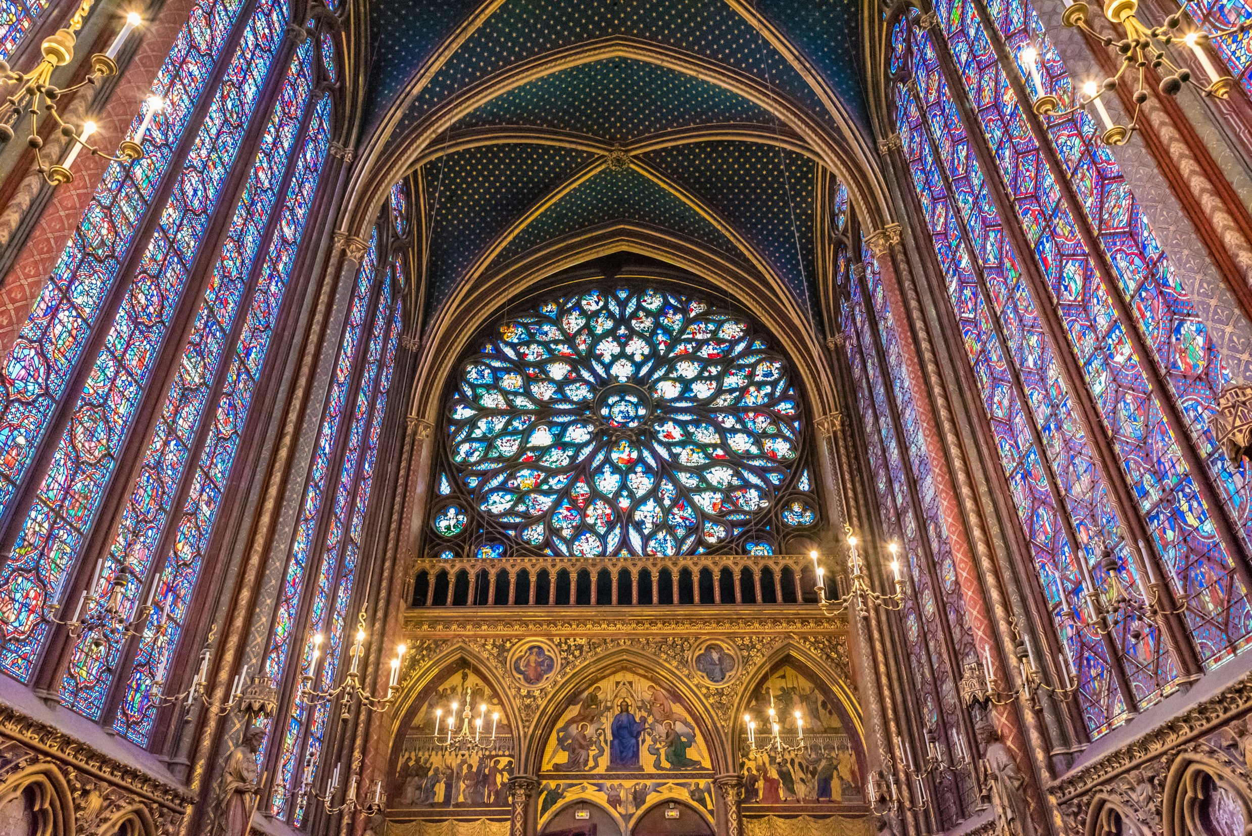 Sainte Chapelle interior with stained rose window in Paris, France.