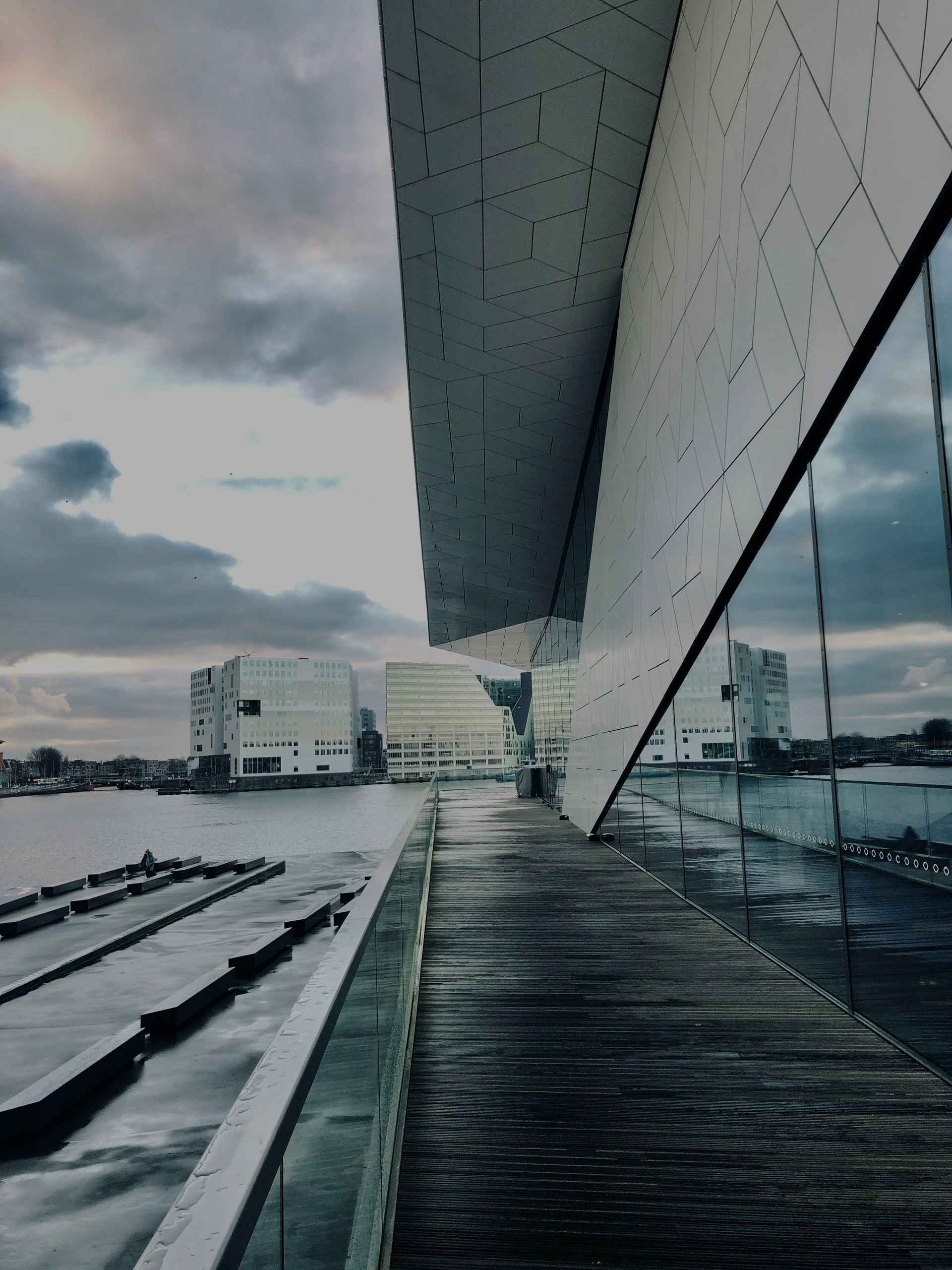 Amsterdam Eye Filmmuseum exterior with waterfront view and modern architecture.