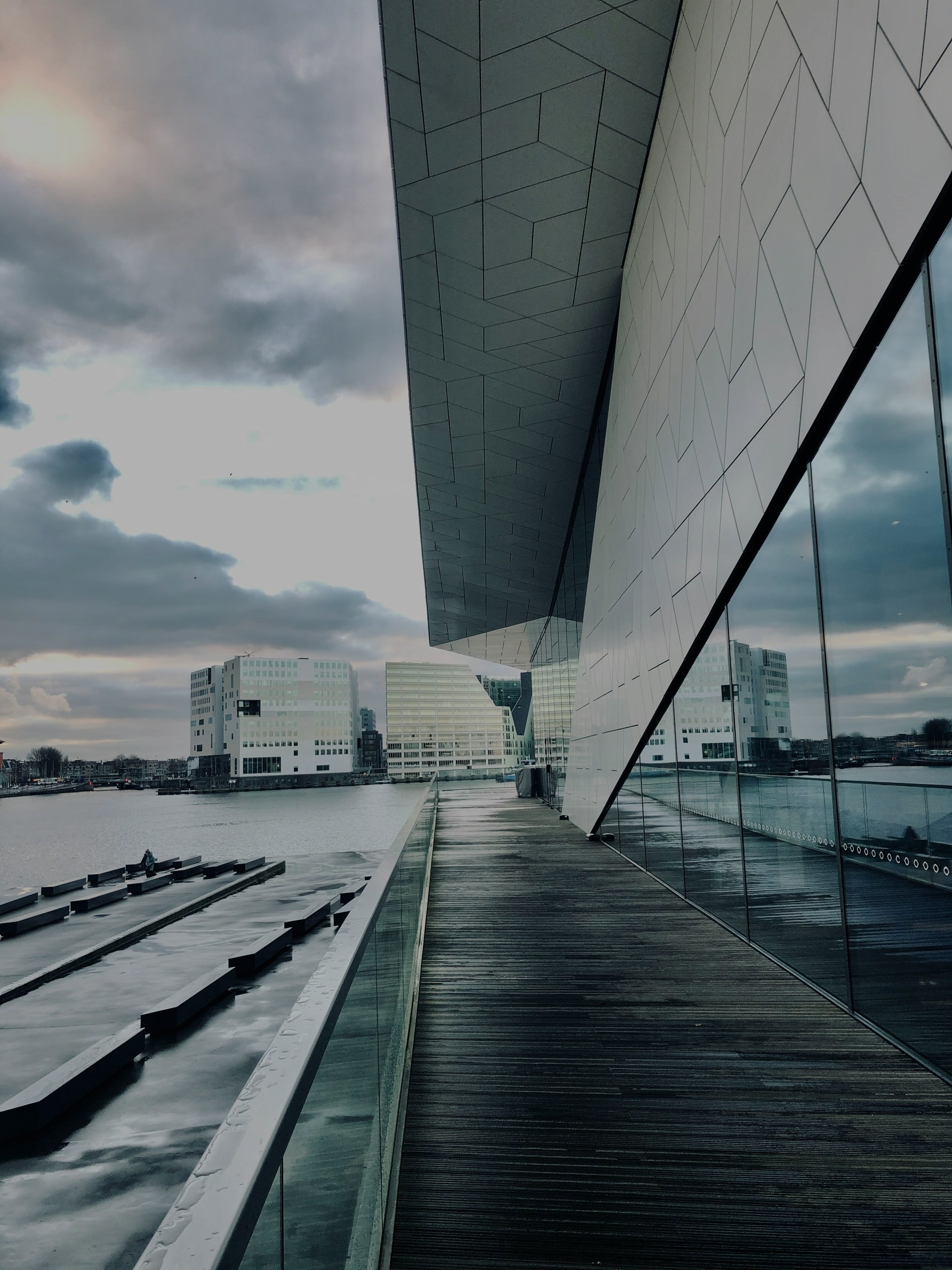 Amsterdam Eye Filmmuseum exterior with waterfront view and modern architecture.