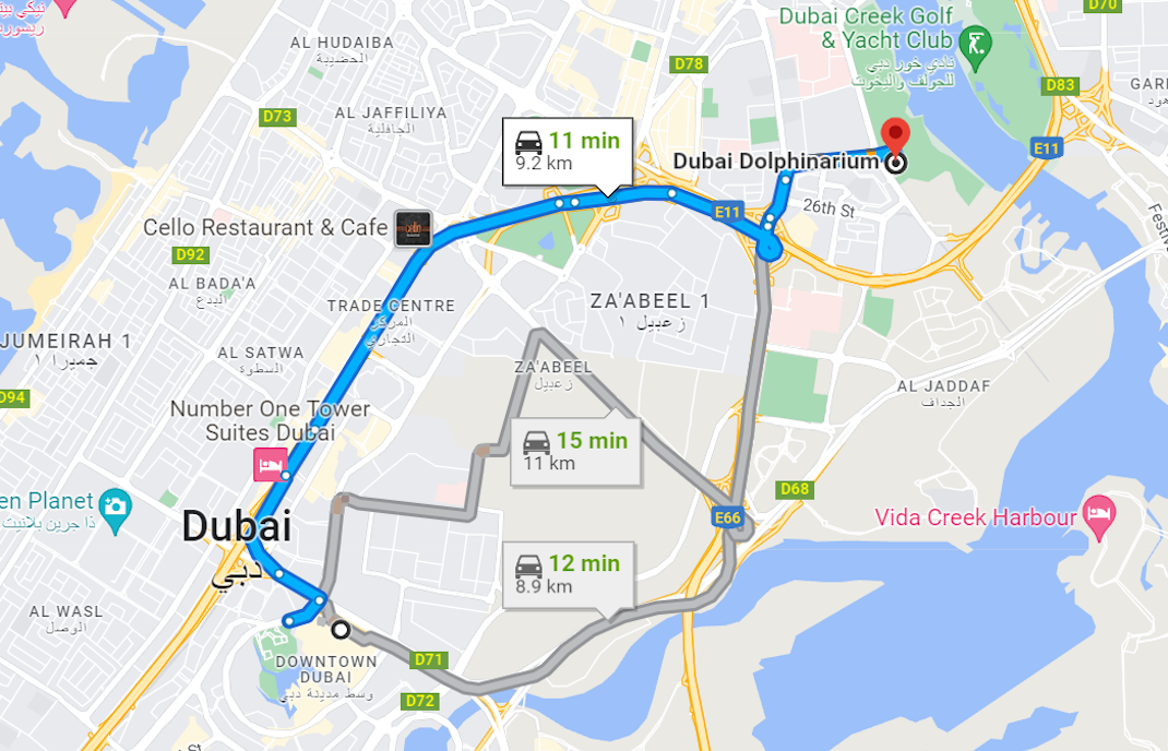 direções para o dolphinarium de dubai de carro