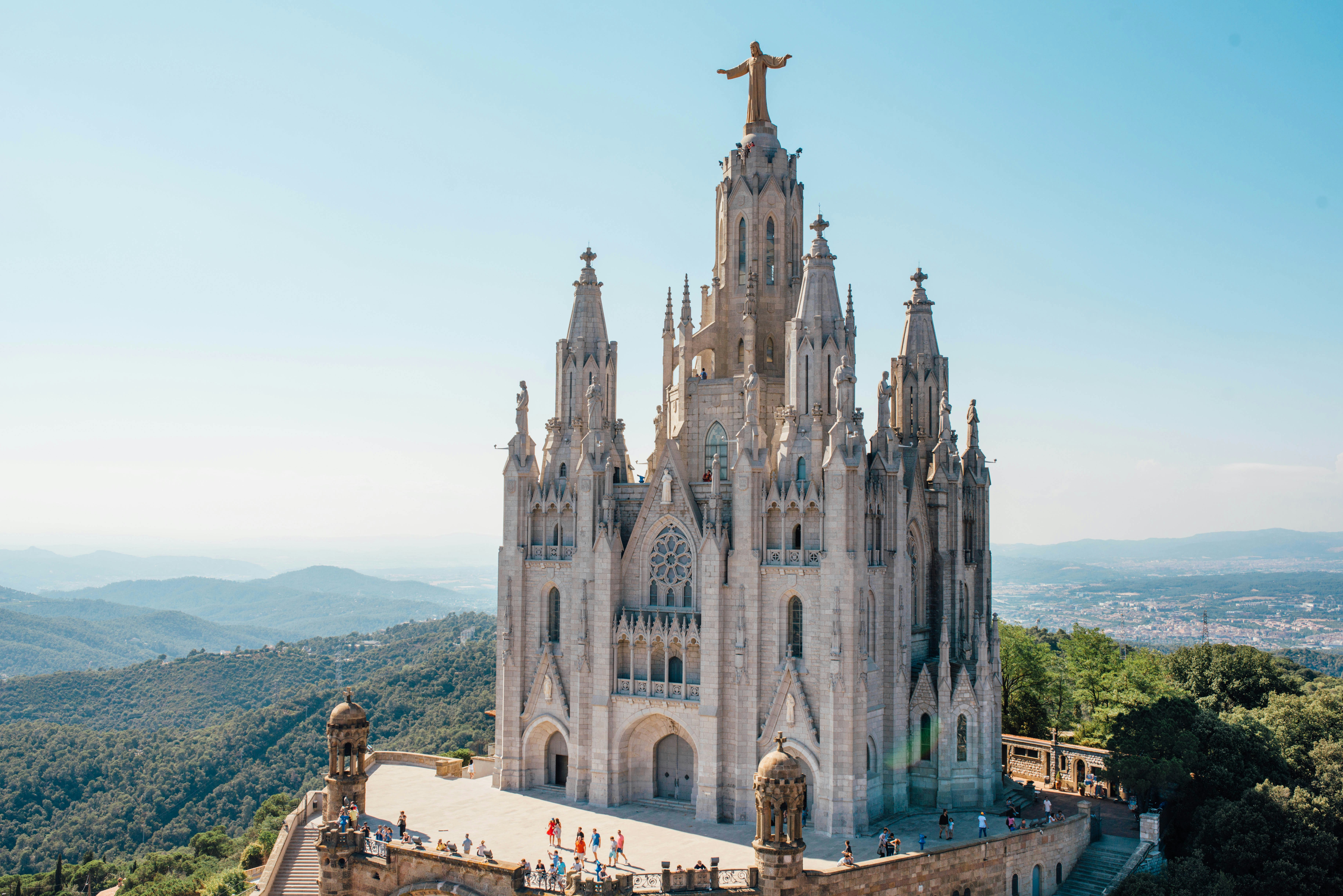 Temple of the Sacred Heart of Jesus atop Tibidabo Mountain, Barcelona, showcasing its iconic architecture.