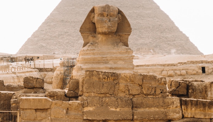 Sphinx and Pyramid of Giza in Egypt.