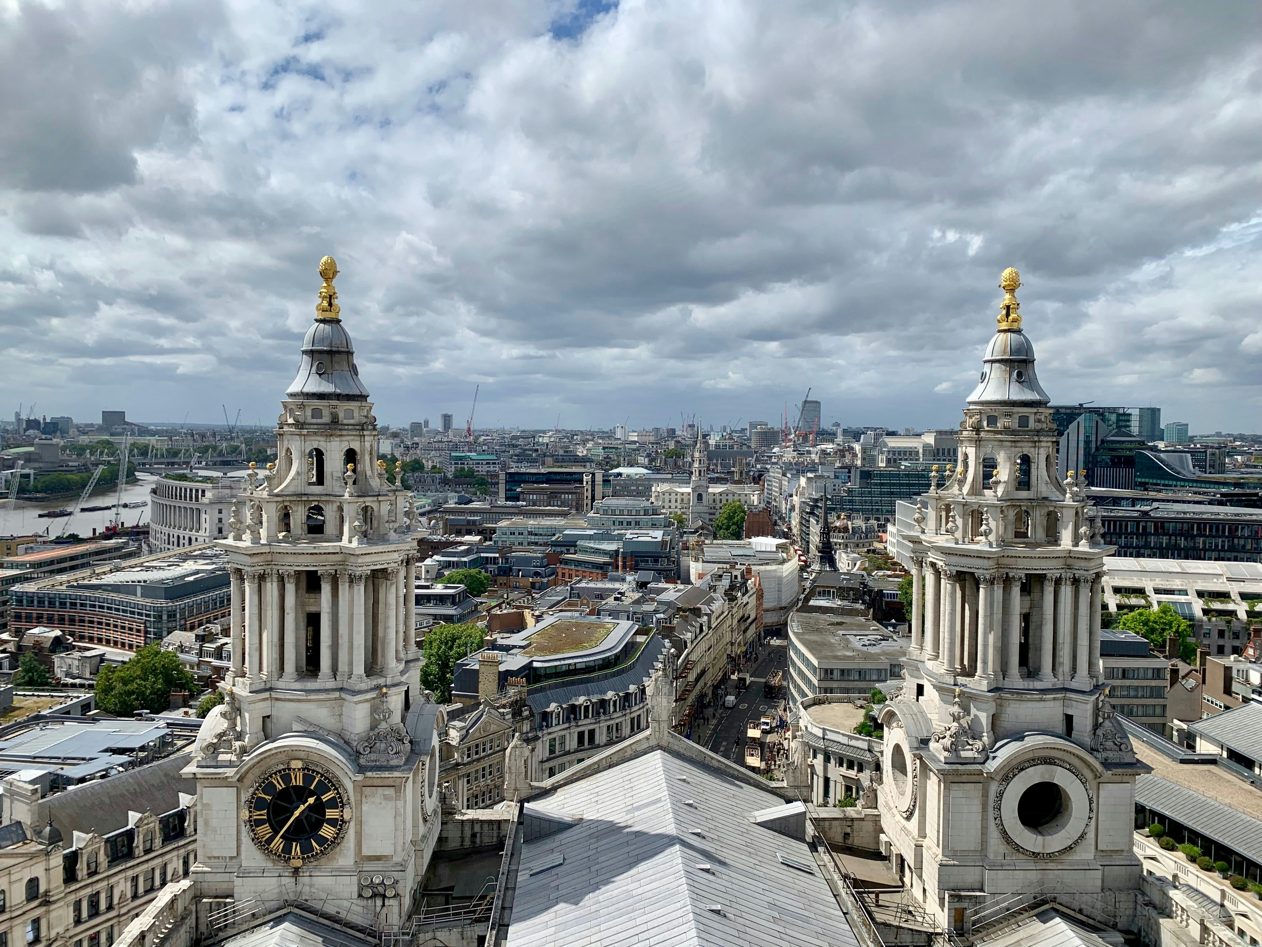 St Paul's Cathedral towers overlooking London skyline, United Kingdom.