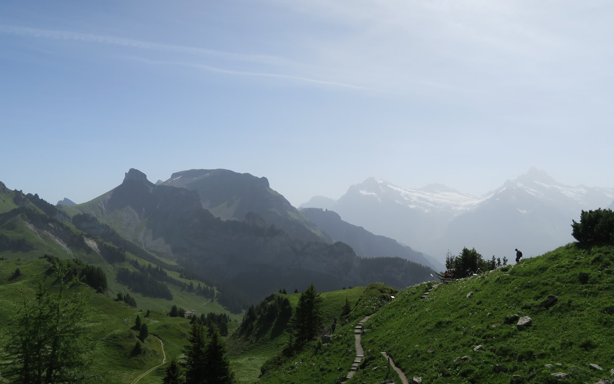 Mountain path with hikers on Schynige Platte, Switzerland, overlooking alpine peaks and green valleys.
