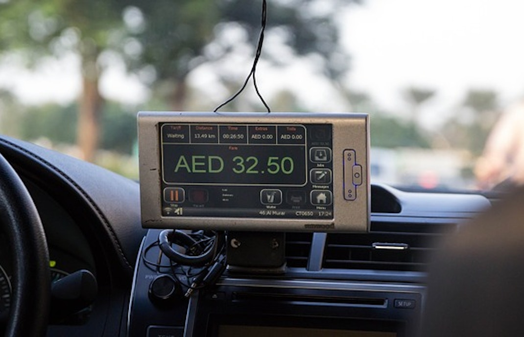 Taxi meter displaying fare in Dubai, en route to Safari Park.