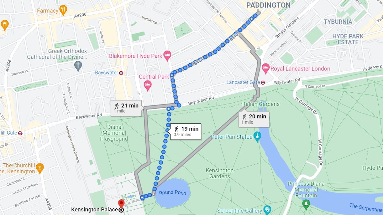 Paddington station to Kensington Palace