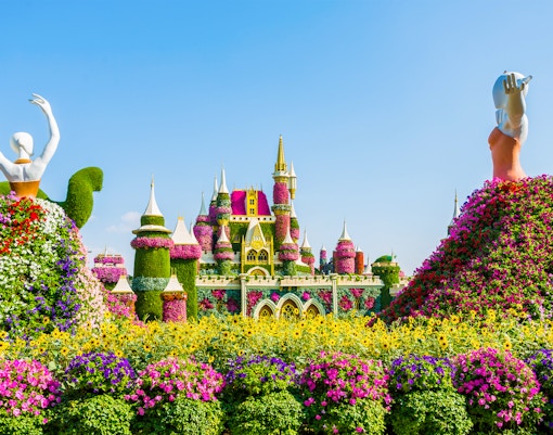 Dubai Miracle Garden floral castle with colorful flower sculptures and vibrant blooms.
