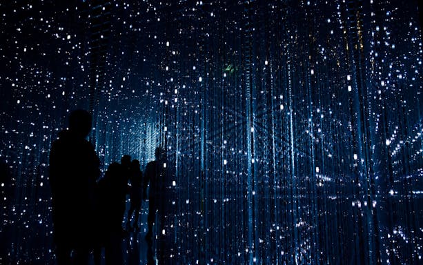 Visitors exploring immersive light installation at ArtScience Museum's Future World exhibit.