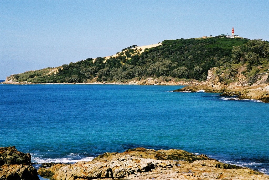 Moreton Island coastline with Cape Moreton Lighthouse in the distance.