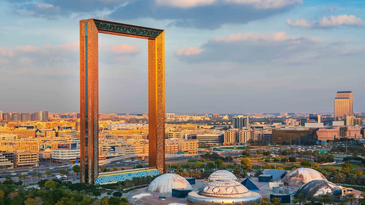 Dubai Frame with city skyline in the background, showcasing modern architecture in Dubai.