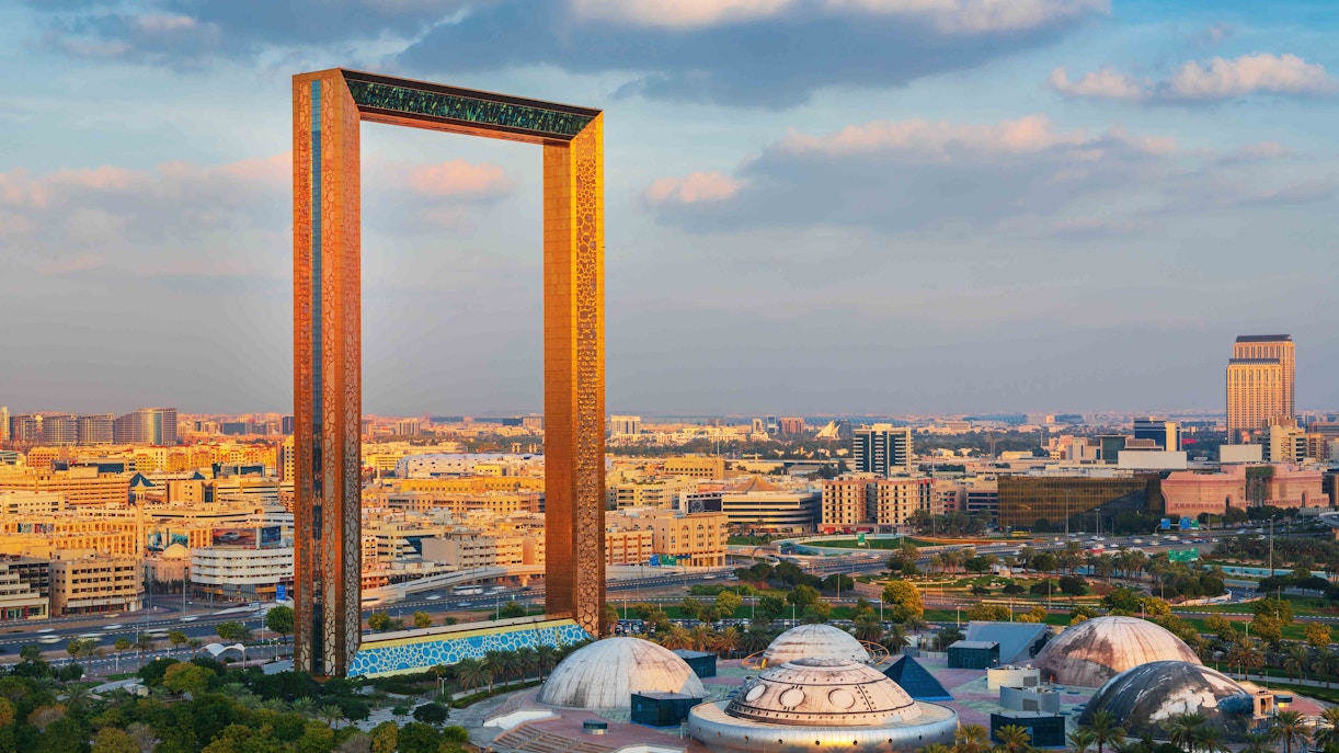 Dubai Frame with city skyline in the background, showcasing modern architecture in Dubai.