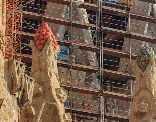 Sagrada Familia adorned with Christmas lights in Barcelona, Spain.