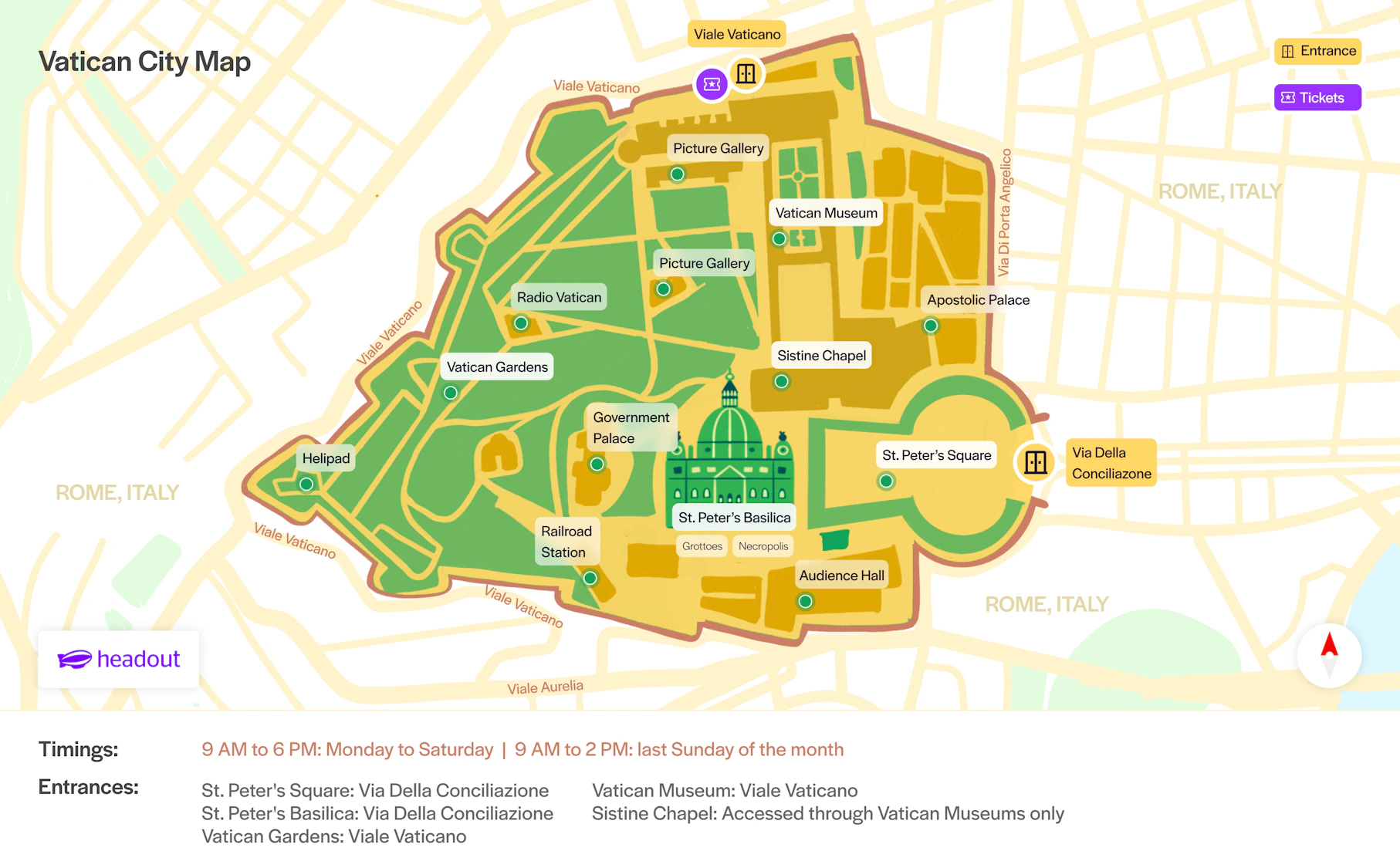 Vatican City map highlighting St. Peter's Basilica, Vatican Museum, and Sistine Chapel.