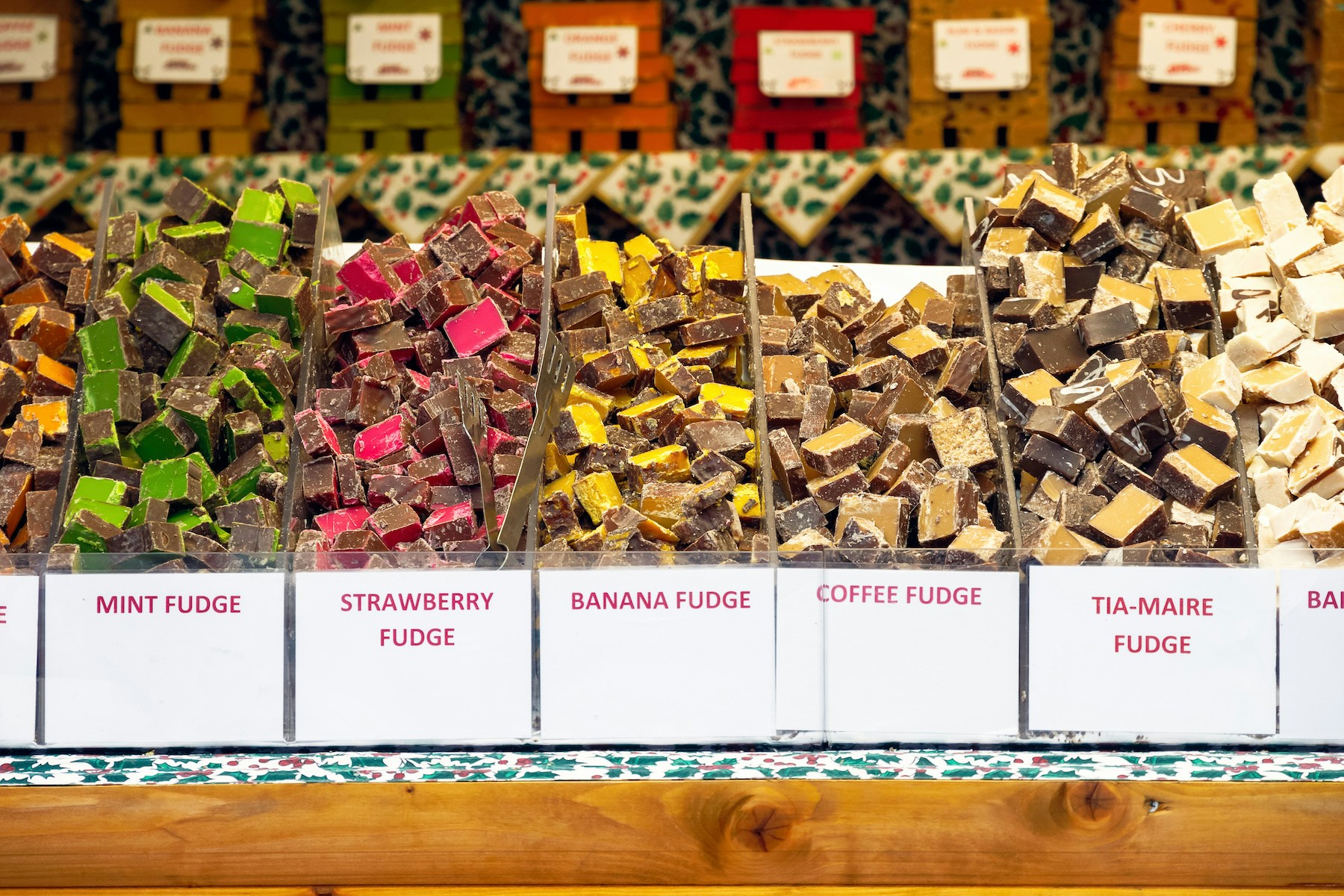Fudge varieties on display at Southbank Centre Food Market, London street food.