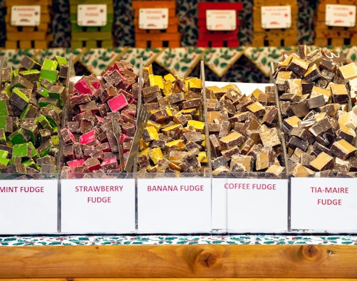 Fudge varieties on display at Southbank Centre Food Market, London street food.