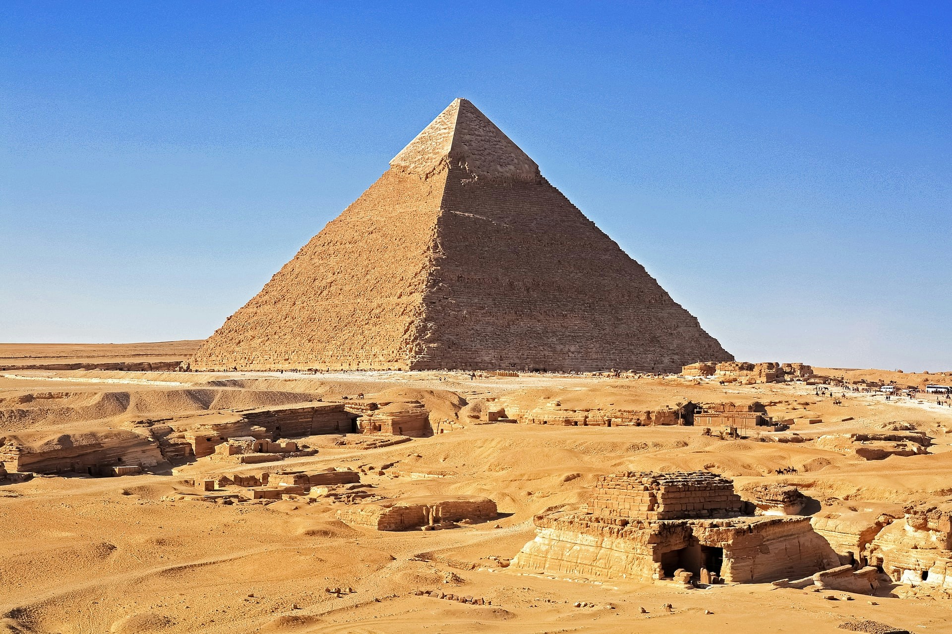 Khafre Pyramid at Giza with surrounding desert landscape, Egypt.