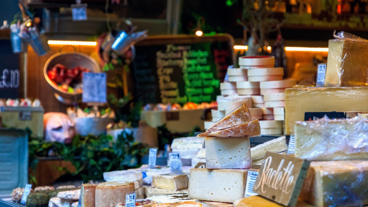 Cheese selection at Borough Market, London street food scene.