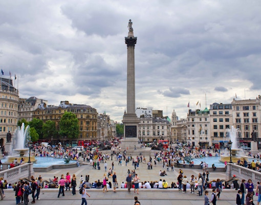 Trafalgar Square with Nelson's Column and fountains, London.