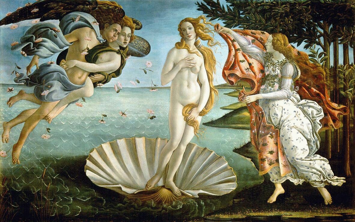 Sandro Botticelli's iconic 'The Birth of Venus' showcases the goddess emerging from the sea on a shell, a symbol of divine beauty, part of the Uffizi Gallery's treasures