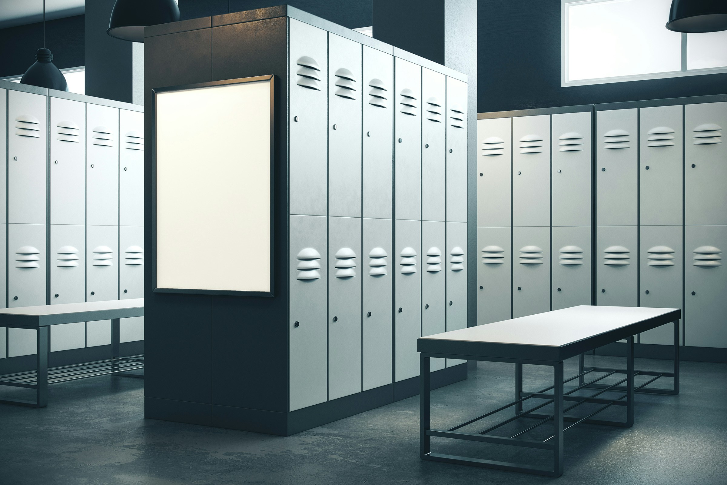 Lockers and benches in a changing room at Universal Studios Singapore.