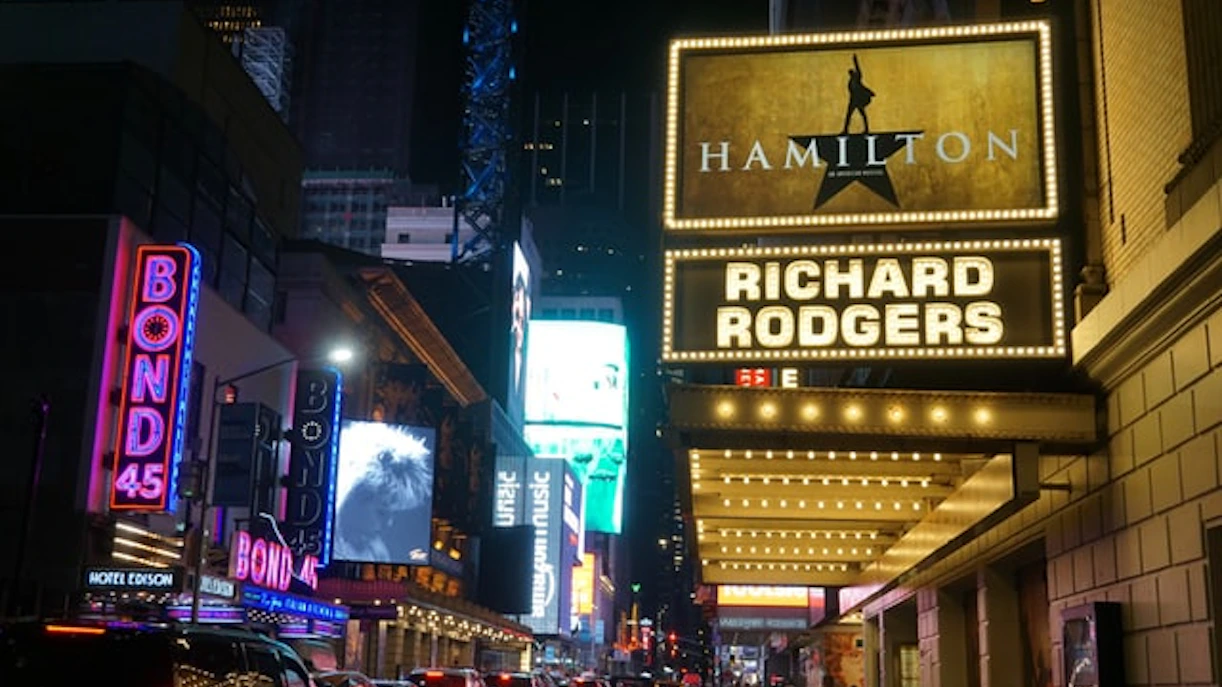 Broadway theaters at night with Hamilton sign at Richard Rodgers Theatre, New York City.