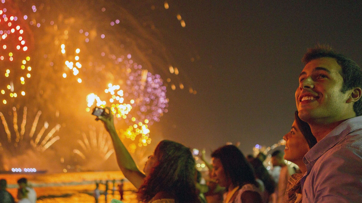 New Year's Eve fireworks over New York City skyline from Moonlight Party Cruise.