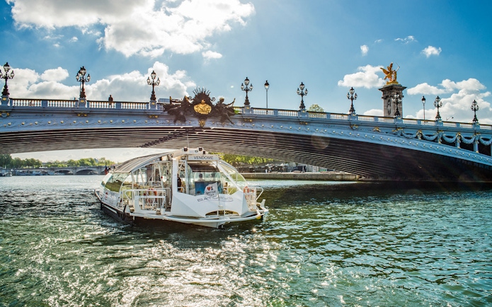 Batobus cruising under Pont Alexandre III in Paris on a sunny day.