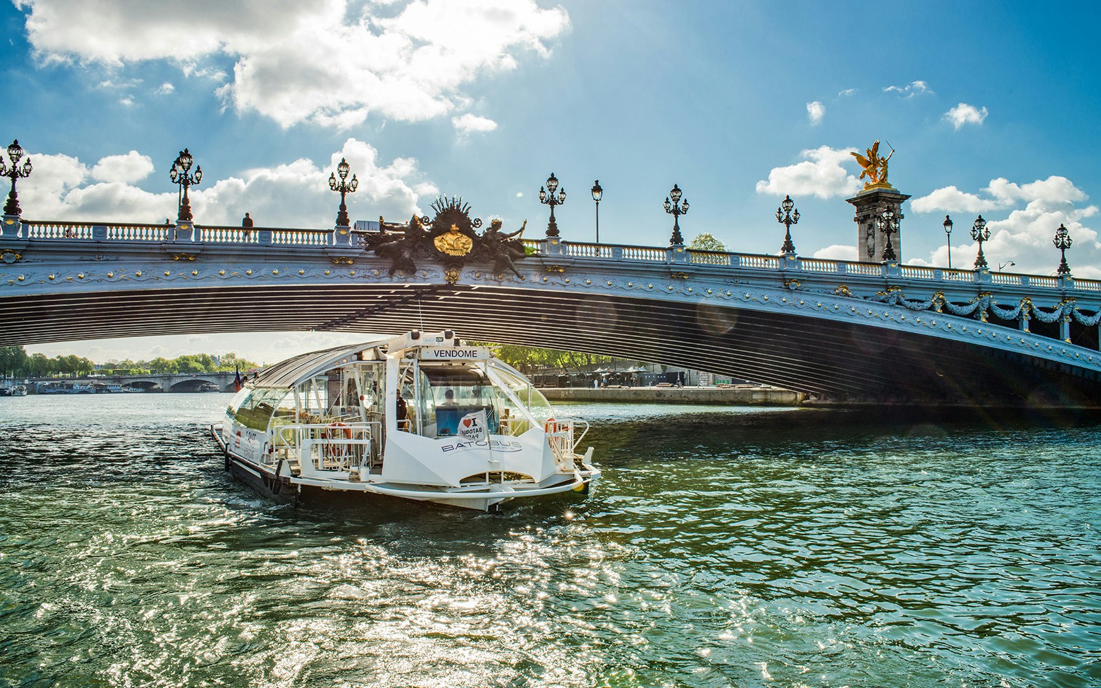 Seine River cruise boat near Eiffel Tower, Paris, offering hop-on-hop-off access.