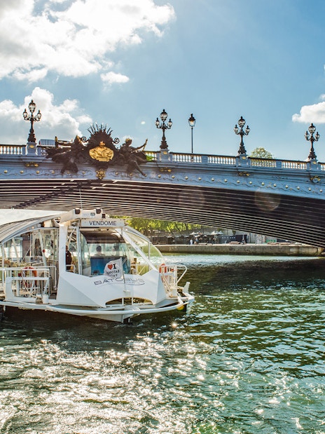 Batobus cruising under Pont Alexandre III in Paris on a sunny day.
