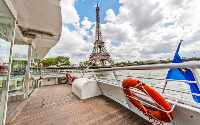 Eiffel Tower view from Batobus Paris river cruise deck.