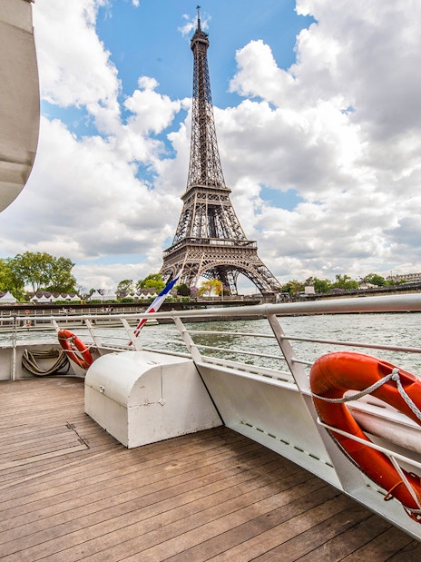 Eiffel Tower view from Batobus Paris river cruise deck.