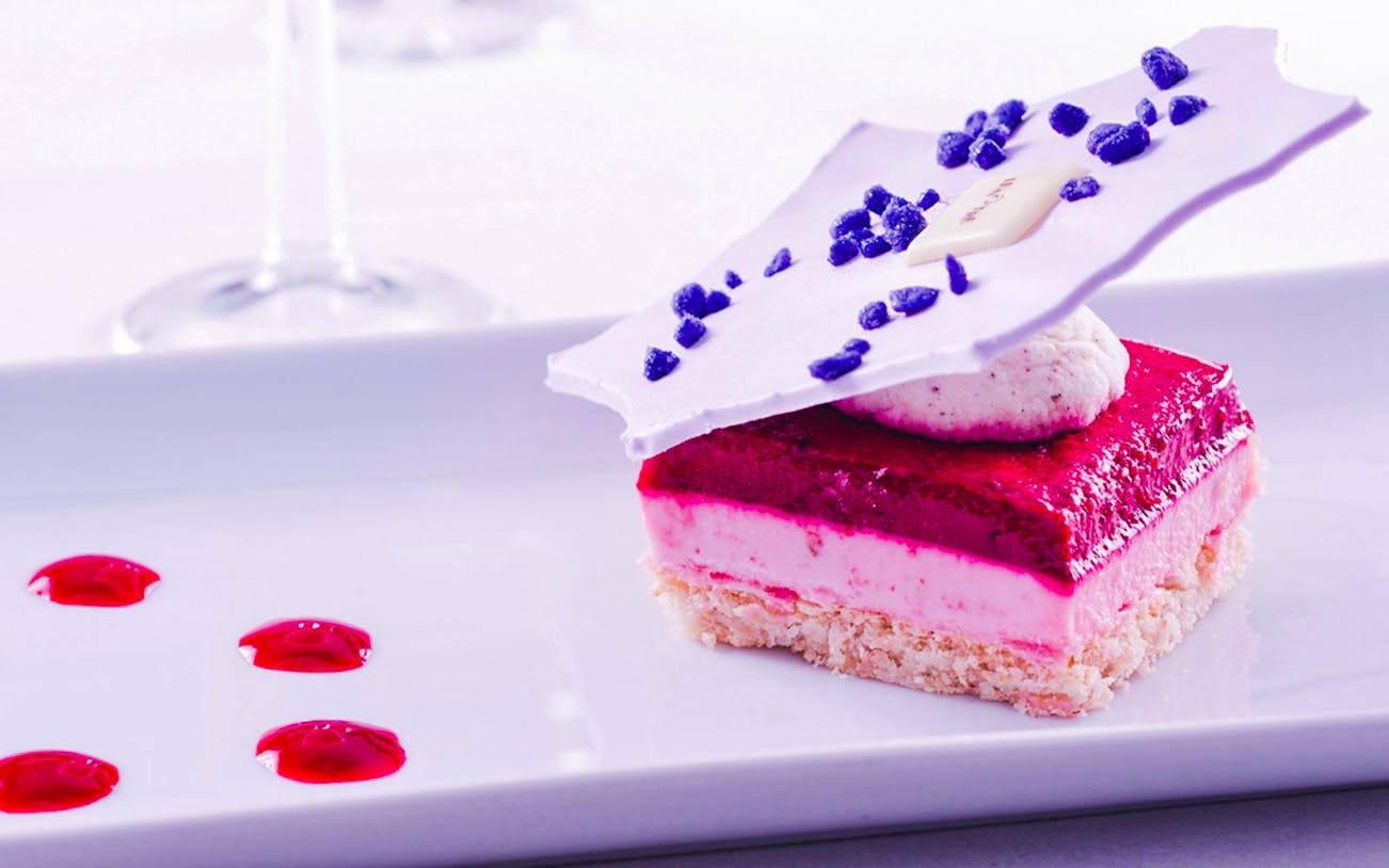 Elegant dessert served on Bateaux Parisiens Christmas Dinner Cruise, Paris.