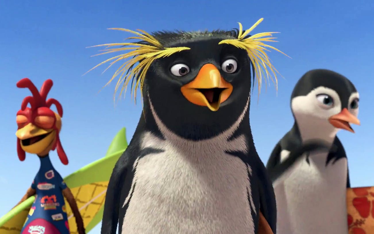 Animated penguins and a chicken character from SurfsUp 2 WaveMania with surfboards.