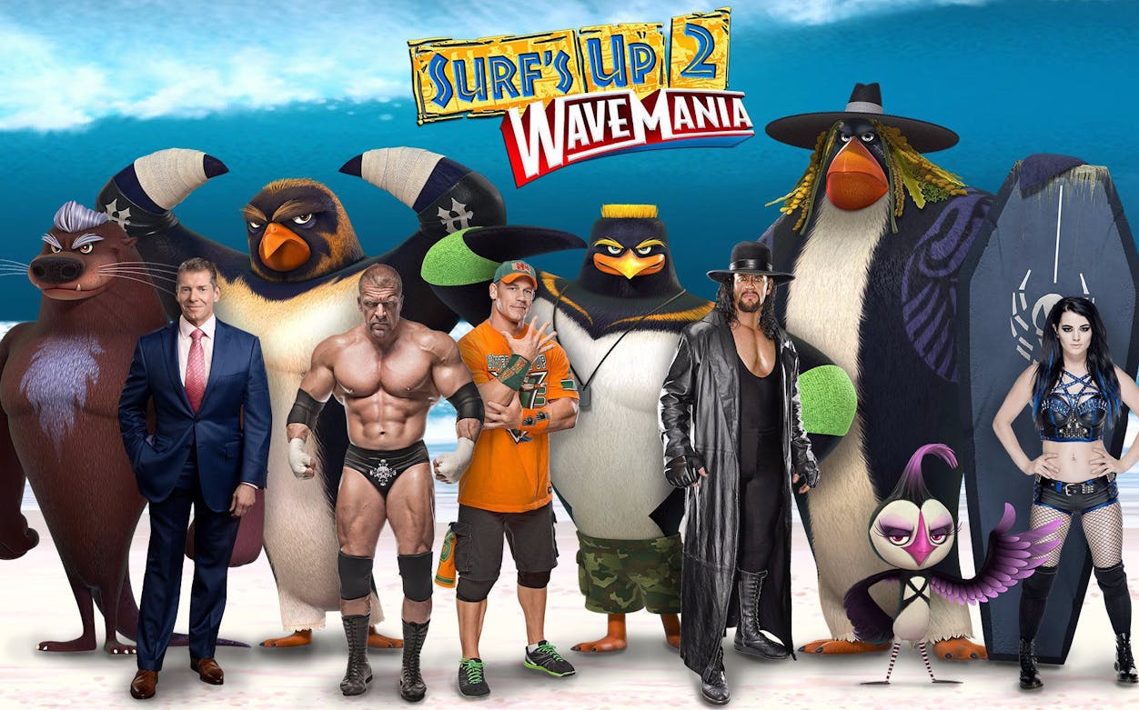 Animated characters and wrestlers from "SurfsUp 2 WaveMania" standing together on a beach.