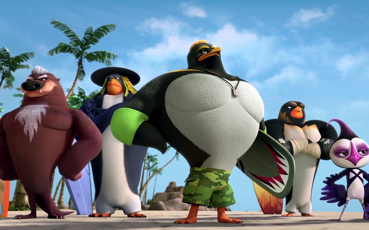 Animated penguins and animals with surfboards from SurfsUp 2 WaveMania on a tropical beach.