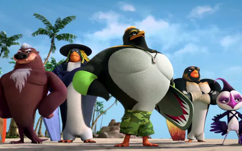 Animated penguins and animals with surfboards from SurfsUp 2 WaveMania on a tropical beach.
