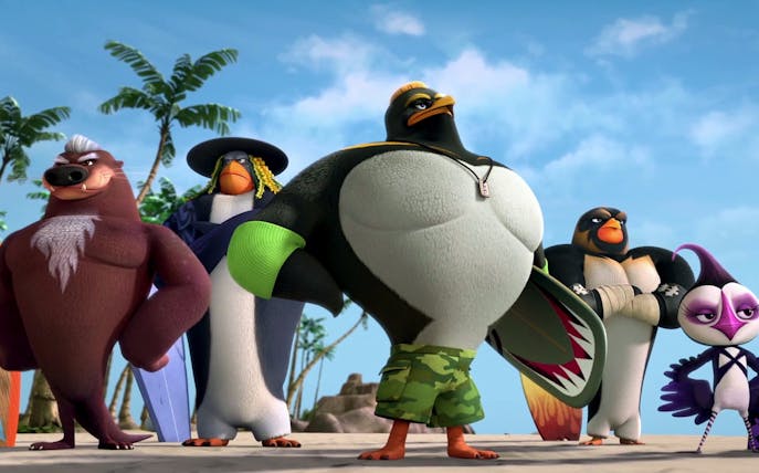 Animated penguins and animals with surfboards from SurfsUp 2 WaveMania on a tropical beach.