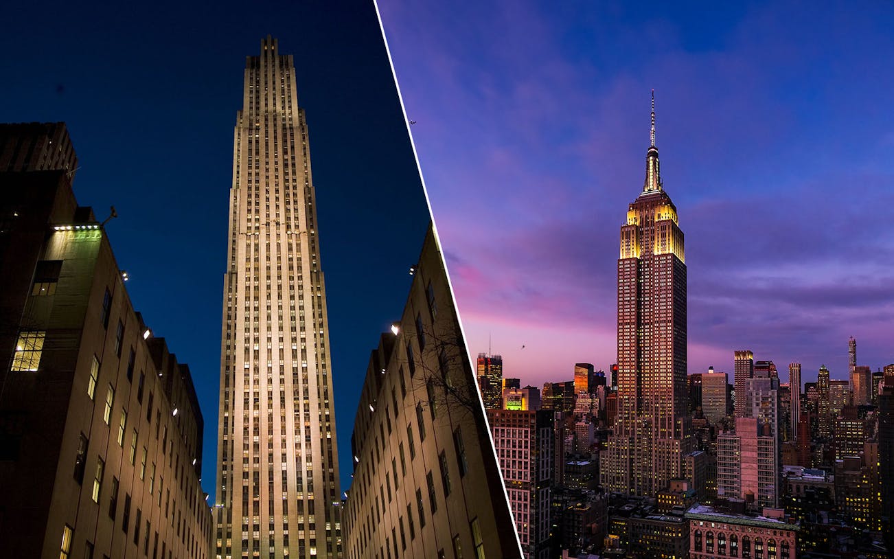Empire State Building and Top of the Rock at dusk, New York City skyline.