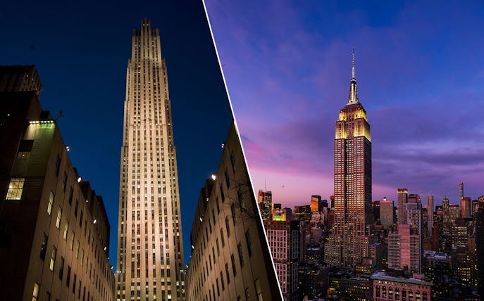 Empire State Building and Top of the Rock at dusk, New York City skyline.