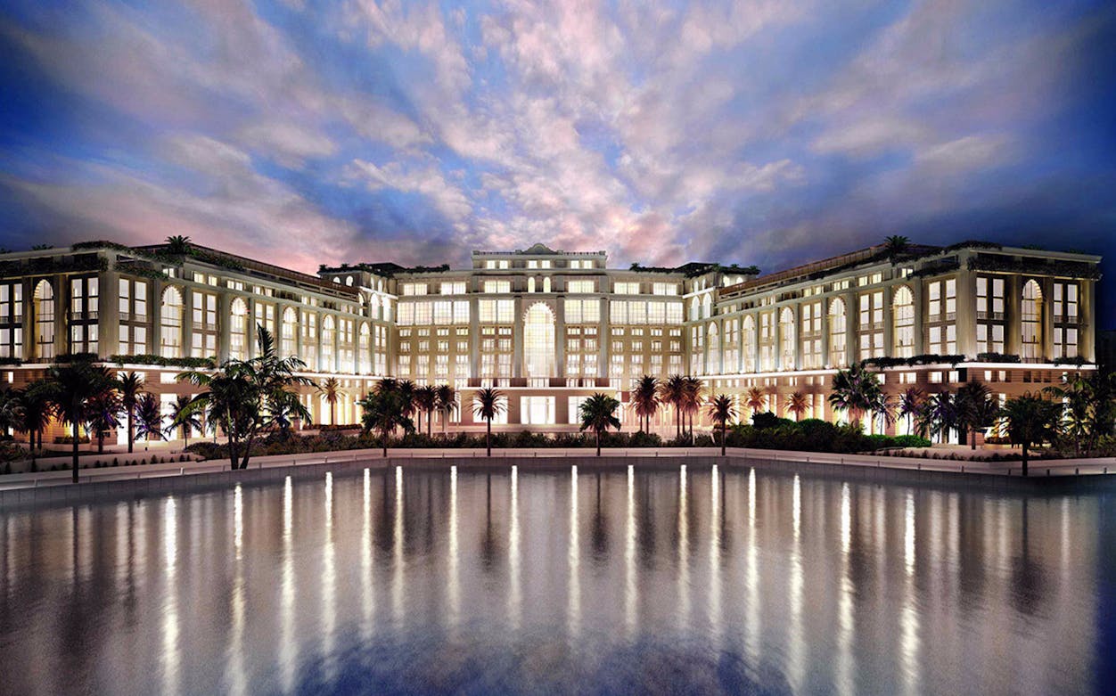Palazzo Versace exterior at dusk, reflecting in water, near Mosaico Lobby Lounge dining.