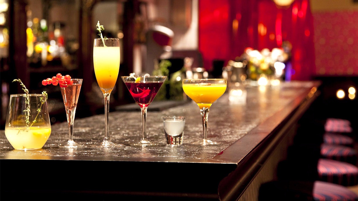 Cocktail selection on a bar counter at the NY Cocktail Expo.