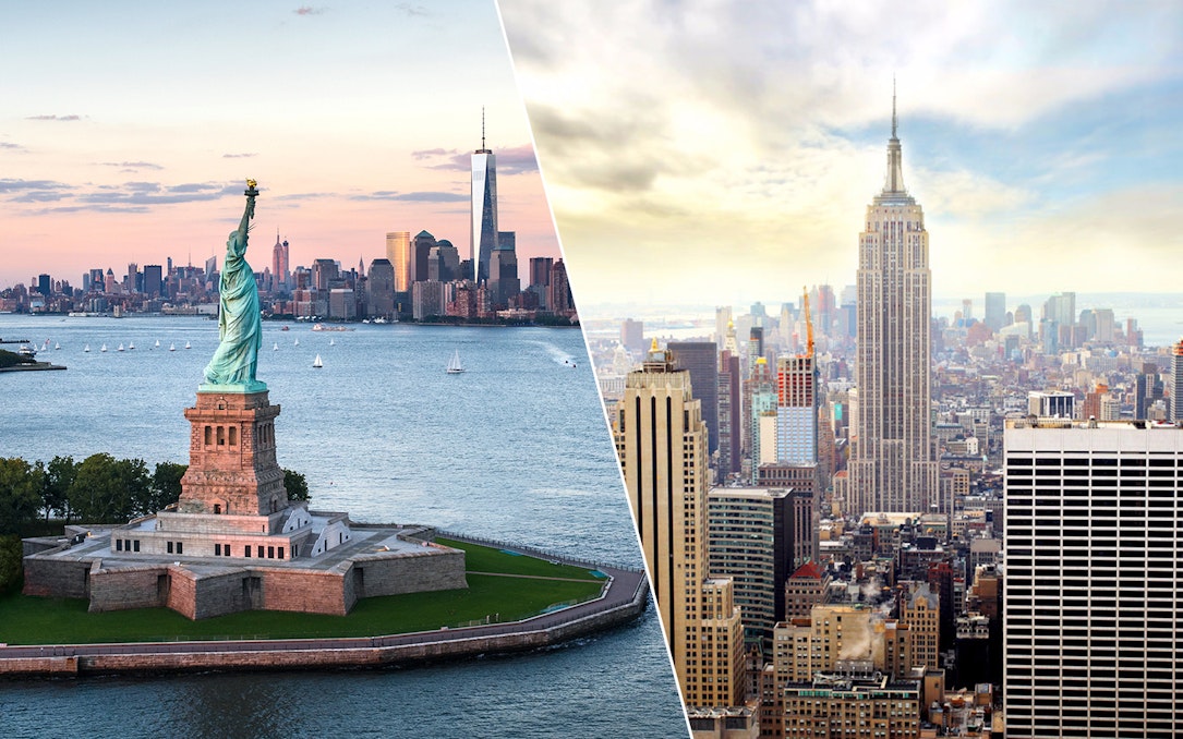 Statue of Liberty with New York skyline and Empire State Building view.