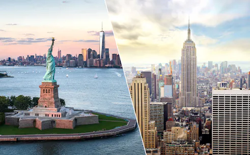 Statue of Liberty with New York skyline and Empire State Building view.