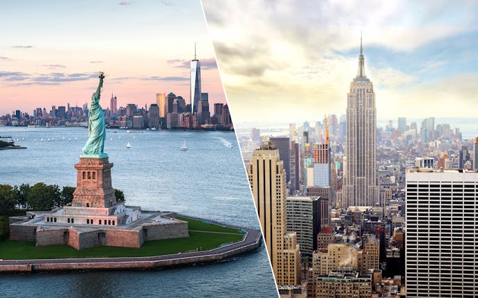 Statue of Liberty with New York skyline and Empire State Building view.