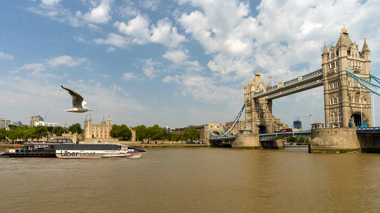 Uber Boat on the Thames near Tower Bridge, London.