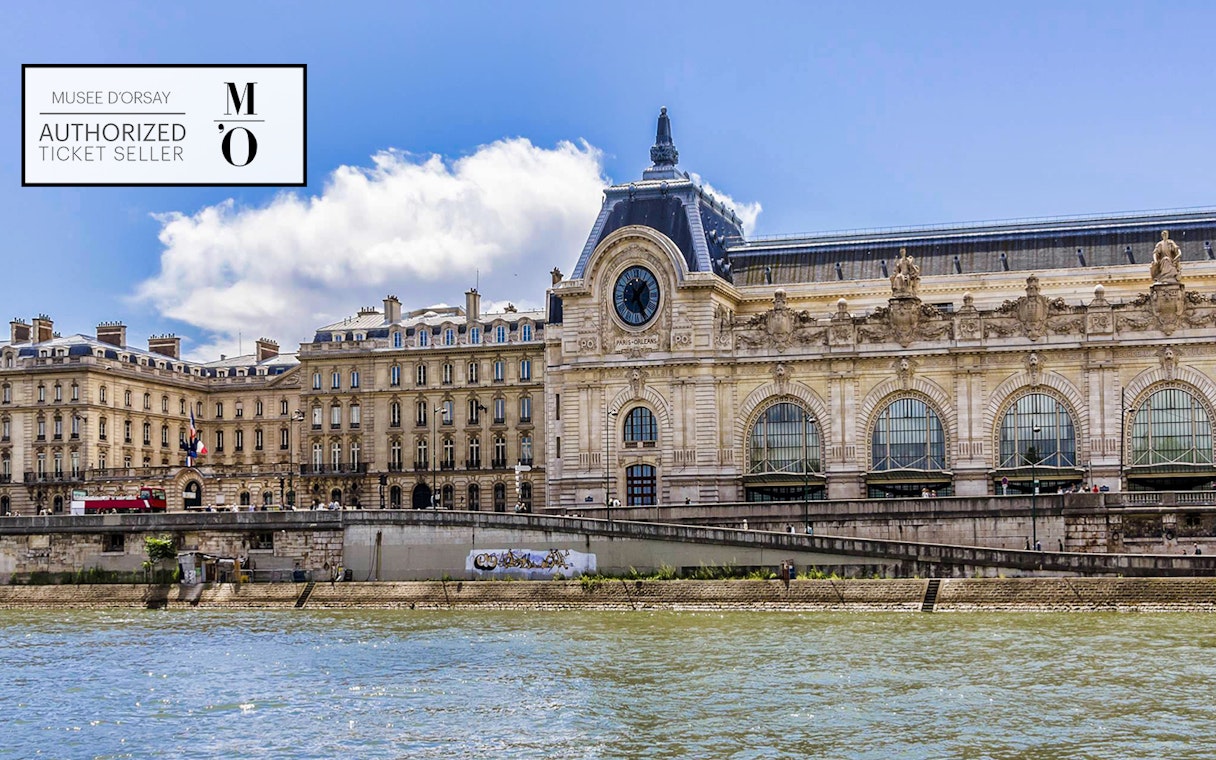 Musée d'Orsay exterior along the Seine River in Paris, France.