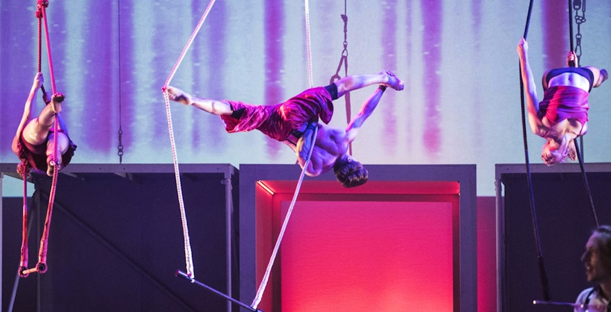 Aerial performers in a SOHO circus show with vibrant lighting.